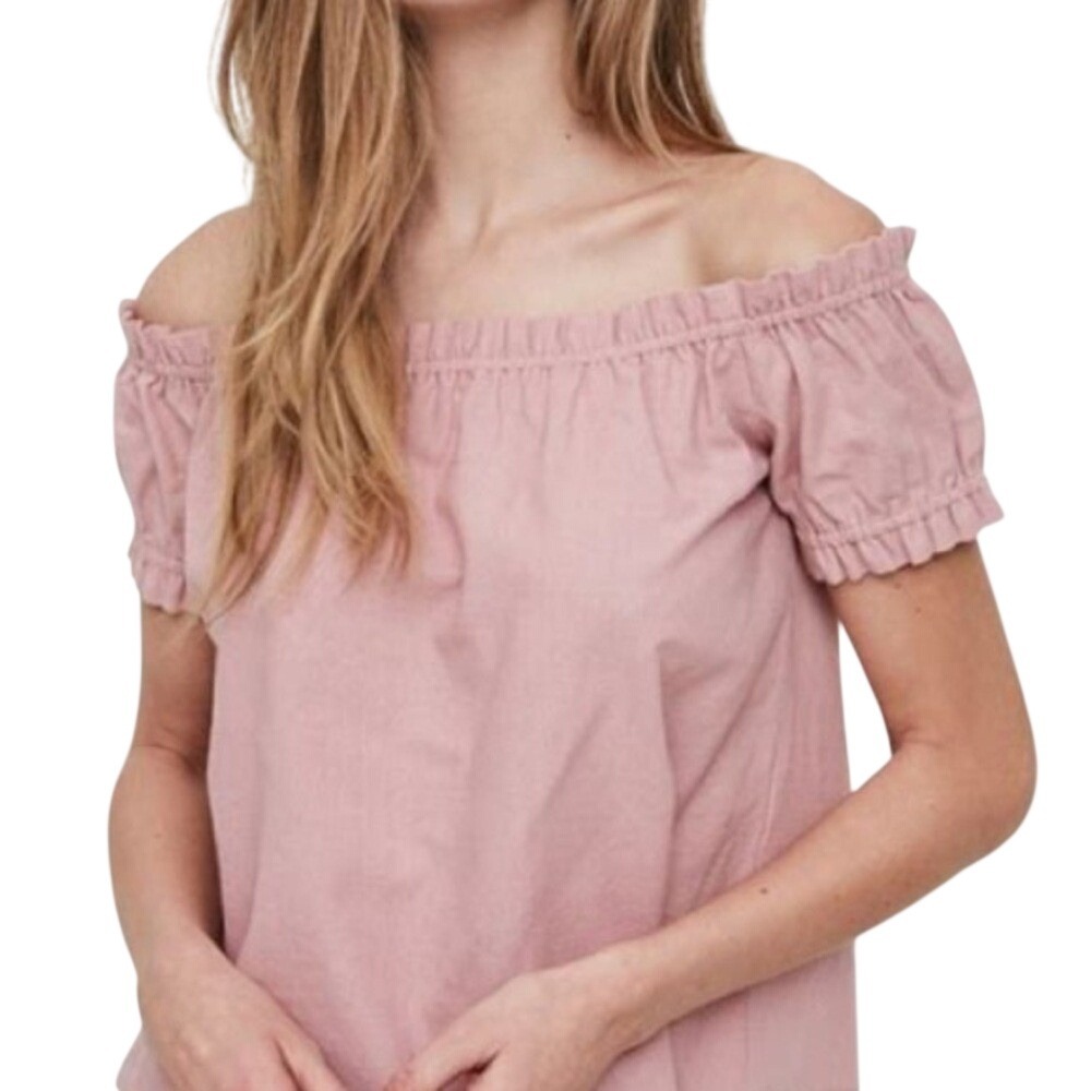 Vero Moda‎ Pink Puff Sleeve Smocked Linen Blouse size Small short sleeves, flowy